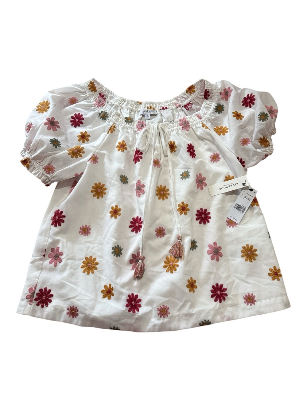 Liverpool Embroidered Floral Short Sleeve Tie Neck Peasant Blouse Top Sz M NWT